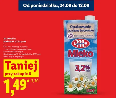 Mleko UHT Łączka Mlekovita 3,2% promocja w Lidl