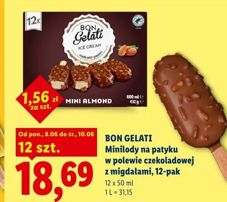 Minilody na patyku w polewie czekoladowej z migdałami Bon Gelati 12-pak promocja w Lidl