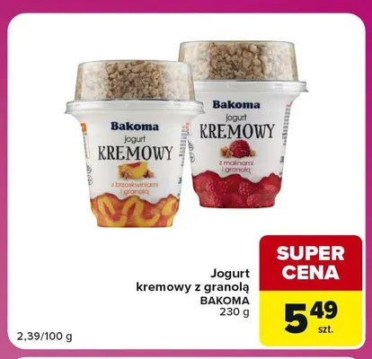Jogurt kremowy z malinami i granolą Bakoma promocja w Carrefour Market