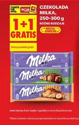 Czekolada mleczna 250-300g, różne rodzaje 1+1 GRATIS promocja w Biedronka