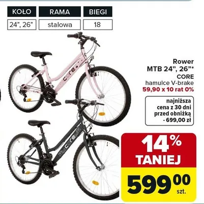 Rower MTB 24", 26" Core hamulce V-brake promocja w Carrefour