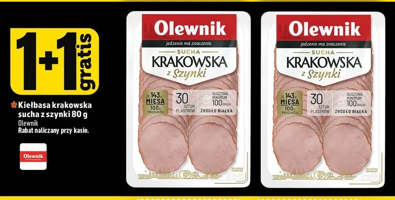 Kiełbasa krakowska sucha z szynki Olewnik promocja w TOPAZ