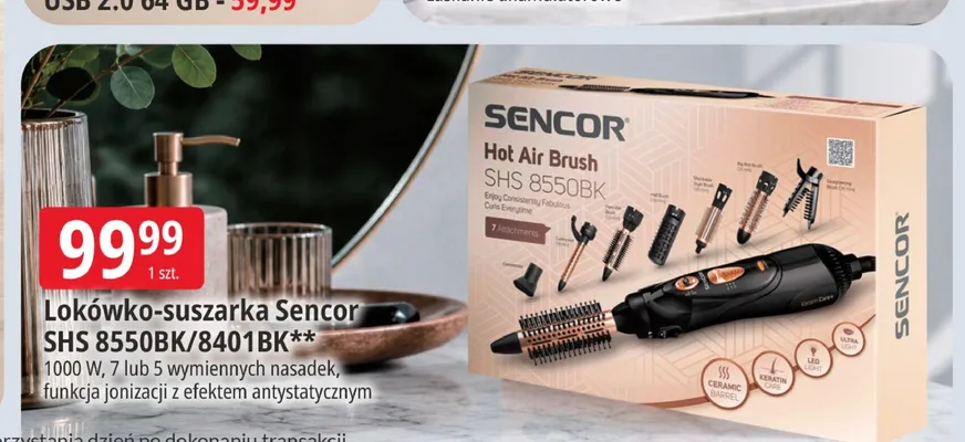 Lokówko-suszarka Sencor SHS 8550BK/8401BK 1000W 7 lub 5 wymiennych nasadek funkcja jonizacji z efektem antystatycznym promocja w Leclerc