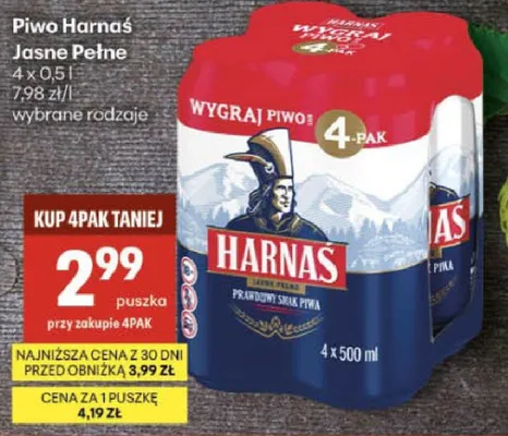 Piwo Harnaś Jasne Pełne 4 x 0,5l promocja w Delikatesy Centrum
