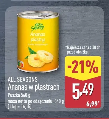 Ananas w puszce w plastrach All Seasons promocja w Aldi