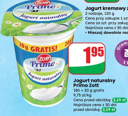 Jogurt naturalny Primo Zott promocja w Dino