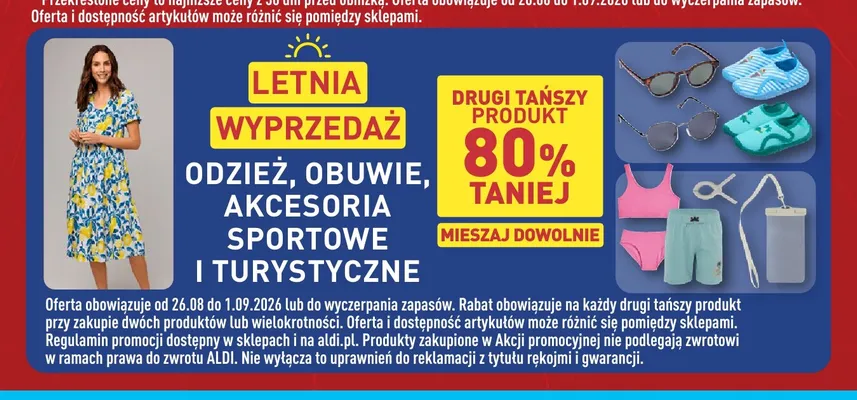 Letnia wyprzedaż odzież obuwie akcesoria sportowe i turystyczne promocja w Aldi
