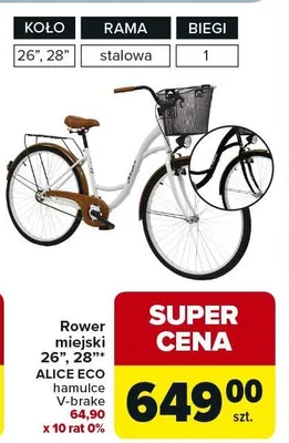 Rower miejski 26", 28" Alice Eco hamulce V-brake promocja w Carrefour Market