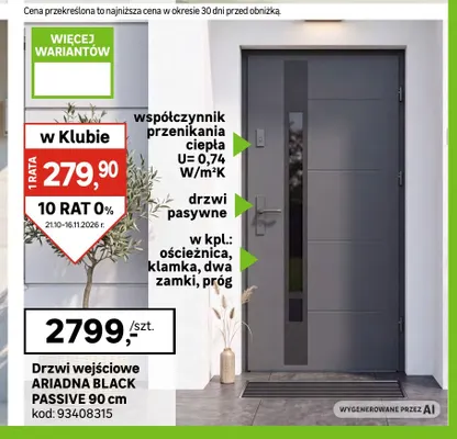 Drzwi wejściowe Ariadna Black Passive 90 cm promocja w Leroy Merlin