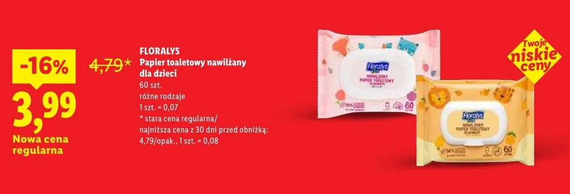 Papier toaletowy nawilżany dla dzieci Floralys promocja w Lidl