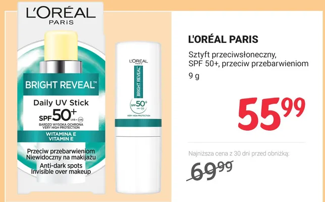 Sztyft przeciwsłoneczny L'Oréal Paris Bright Reveal Daily UV Stick SPF 50+ przeciw przebarwieniom promocja w Rossmann