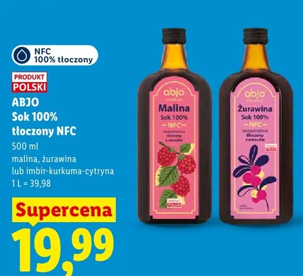 Sok 100% tłoczony NFC ABJO Malina promocja w Lidl