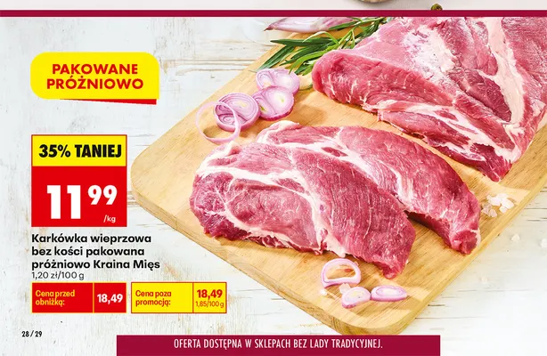 Karkówka wieprzowa bez kości pakowana próżniowo Kraina Mięs promocja w Biedronka