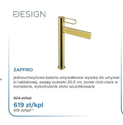 Bateria umywalkowa wysoka do umywalki nablatowej Design Zaffiro złoto szczotkowane promocja w Blu Salony Łazienek
