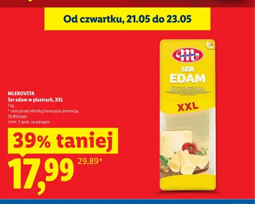Ser edam w plastrach XXL MLEKOVITA promocja w Lidl