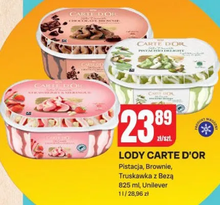 Lody Carte d'Or: Pistacja, Brownie, Truskawka z Bezą promocja w Chorten