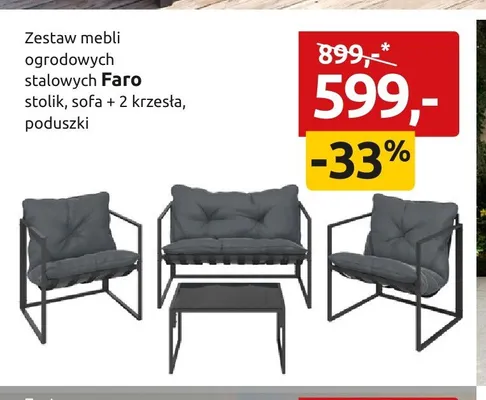 Zestaw mebli ogrodowych stalowych Faro stolik, sofa + 2 krzesła, poduszki promocja w Black Red White