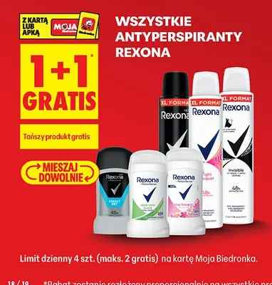 Wszystkie antyperspiranty Rexona 1+1 GRATIS promocja w Biedronka