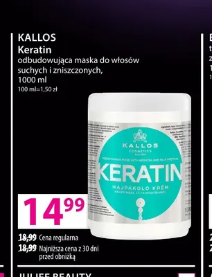 Odbudowująca maska do włosów suchych i zniszczonych Keratin Kallos promocja w Hebe