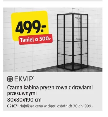 Czarna kabina prysznicowa z drzwiami przesuwnymi Ekvip 80x80x190 cm promocja w Jula
