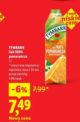Sok 100% pomarańcza Tymbark promocja w Lidl