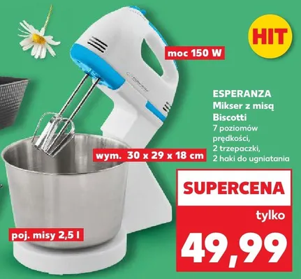 Mikser z misą Biscotti 7 poziomów prędkości, 2 trzepaczki, 2 haki do ugniatania promocja w Kaufland