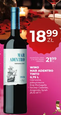Wino MAR ADENTRO Tinto czerwone półwytrawne 0,75 L promocja w Duży Ben