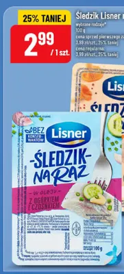 Śledzik na raz Lisner w oleju z ogórkiem i czosnkiem promocja w POLOmarket