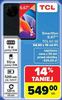 Smartfon 6,67'' TCL 60 SE promocja w Carrefour