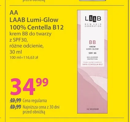 Krem BB do twarzy z SPF30 LAAB Lumi-Glow 100% Centella B12 AA promocja w Hebe