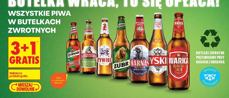 Wszystkie piwa w butelkach zwrotnych 3+1 GRATIS promocja w Biedronka