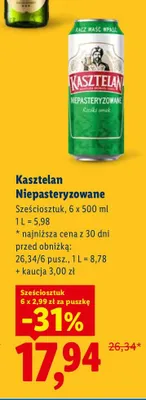 Piwo Kasztelan Niepasteryzowane 6-pak promocja w Lidl