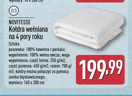 Kołdra wełniana na 4 pory roku Novitesse 160x200 cm promocja w Aldi
