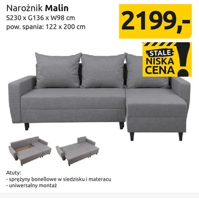 Narożnik Malin S230xG136xW98cm pow. spania: 122x200cm promocja w Black Red White