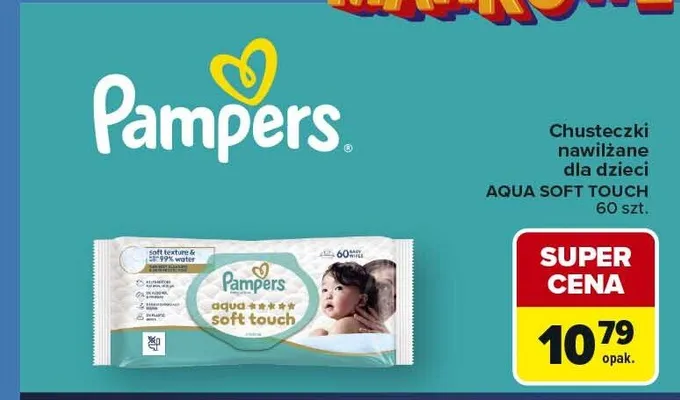 Chusteczki nawilżane dla dzieci Pampers Aqua Soft Touch 60-pak promocja w Carrefour Market