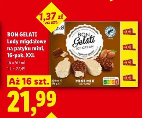 Lody migdałowe na patyku mini Almond BON GELATI 16-pak XXL promocja w Lidl