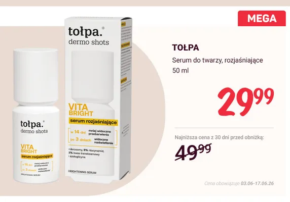 Serum do twarzy rozjaśniające Tołpa dermo shots Vita Bright promocja w Rossmann