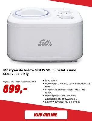 Maszyna do lodów Solis Gelatissima biała promocja w Media Markt