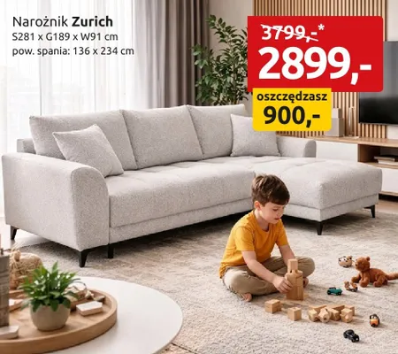 Narożnik Zurich S281xG189xW91cm pow. spania 136x234cm promocja w Black Red White