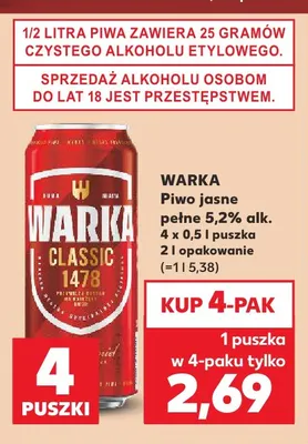 Piwo 5,2% alk. Warka 4-pak promocja w Kaufland