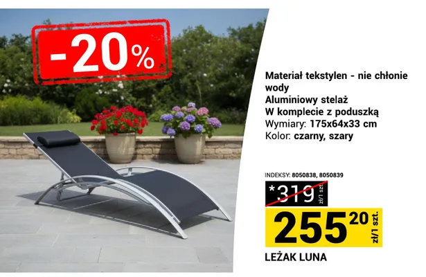 Leżak Luna szary 175x64x33cm promocja w Merkury Market