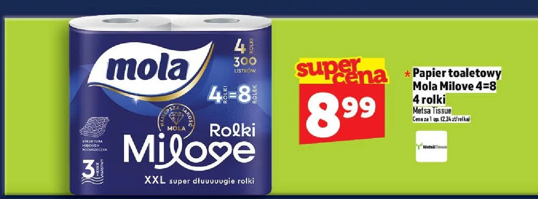 Papier toaletowy Mola Milove 4=8 4 rolki XXL promocja w TOPAZ