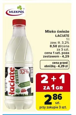 Mleko świeże ŁACIATA zaw. tł. 3,2% promocja w Carrefour Market