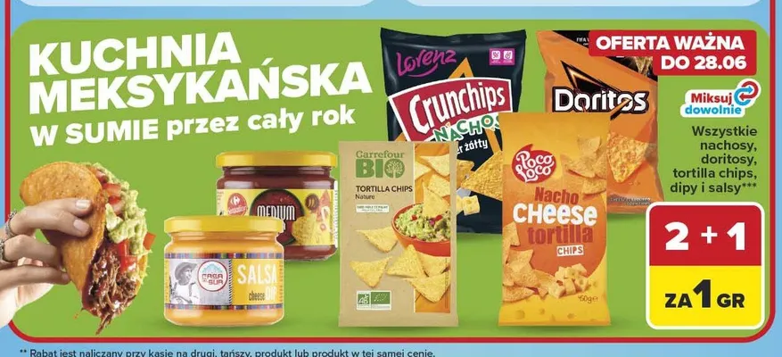 Nachosy, doritosy, tortilla chips, dipy i salsy promocja w Carrefour