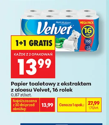 Papier toaletowy z ekstraktem z aloesu Velvet promocja w Biedronka