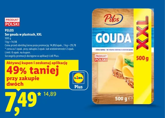 Ser gouda w plastrach XXL, 500 g Pilos promocja w Lidl