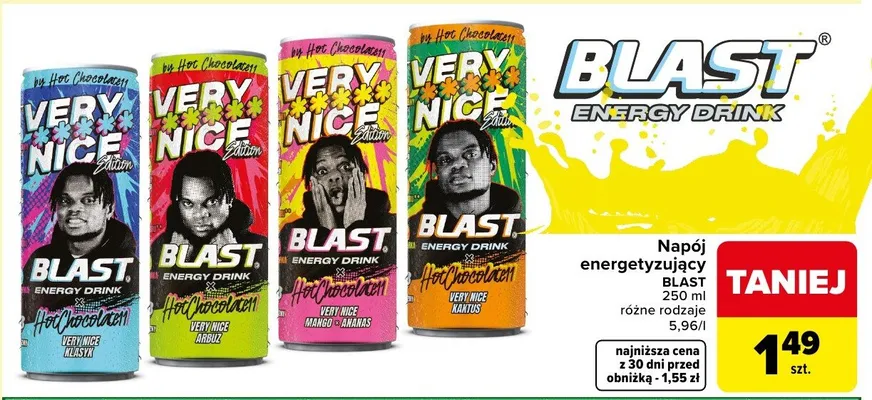 Napój energetyzujący Blast różne rodzaje promocja w Carrefour Market