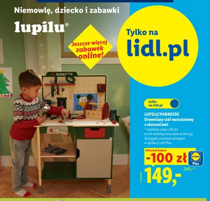 Drewniany stół warsztatowy z akcesoriami Lupilu/Parkside promocja w Lidl