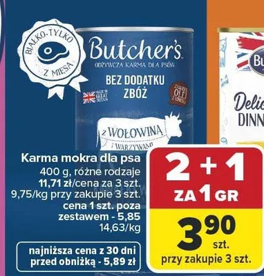 Karma mokra dla psa Butcher's z wołowiną bez dodatku zbóż 400 g różne rodzaje promocja w Carrefour
