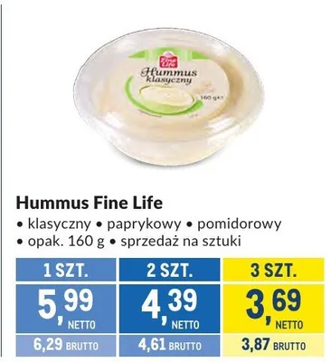 Hummus Fine Life klasyczny paprykowy pomidorowy promocja w Makro